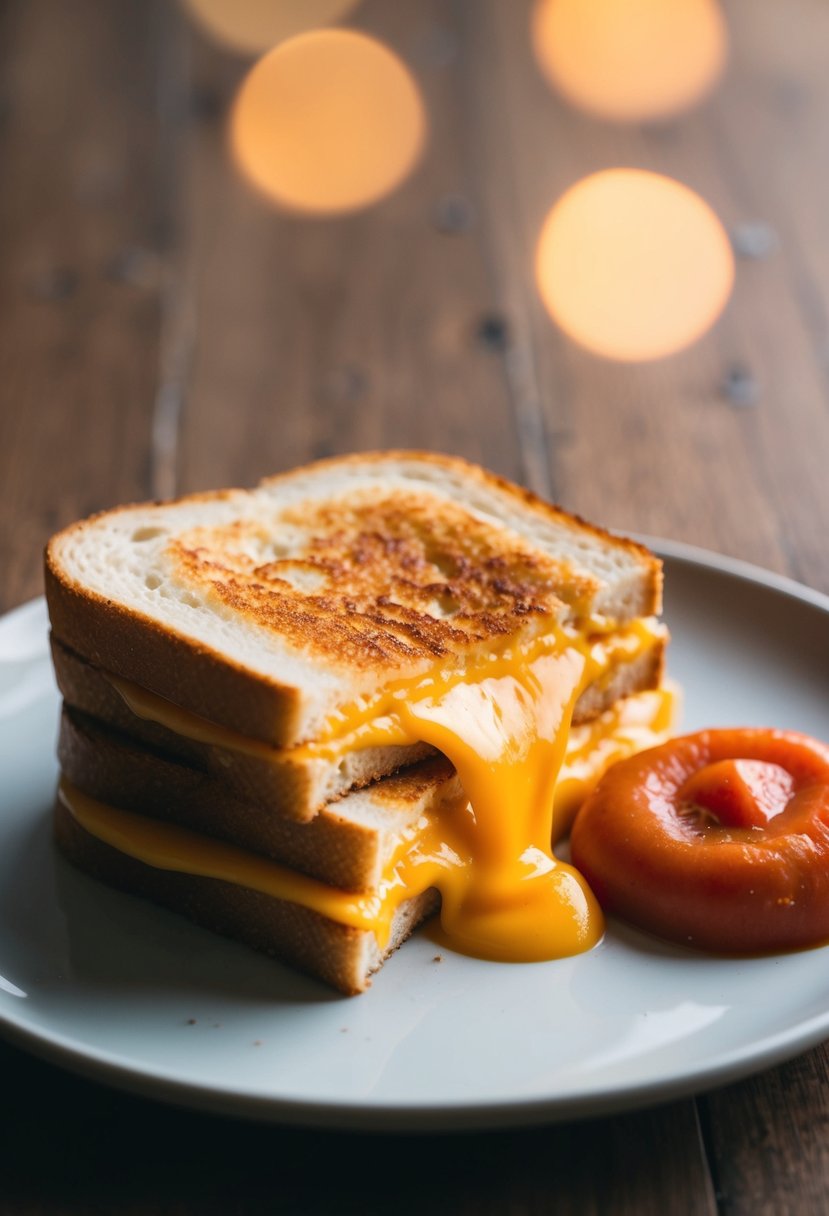 A golden grilled cheese sandwich oozing with government cheese, sitting on a plate beside a dollop of tomato soup