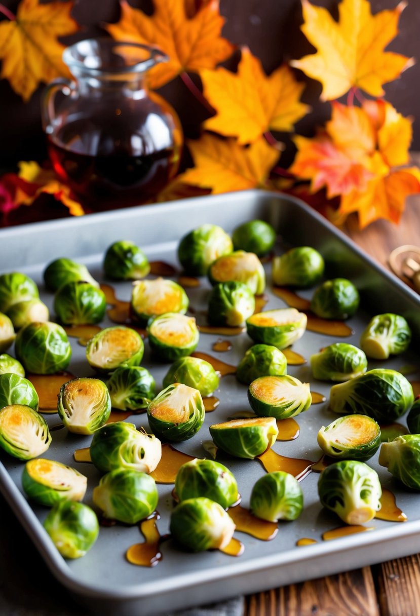 Brussels sprouts on a baking sheet, drizzled with maple syrup, ready for roasting. A fall-themed background with autumn leaves and warm lighting