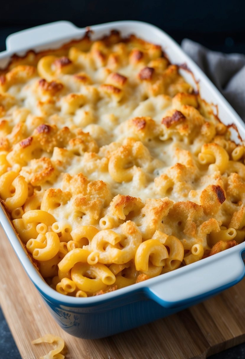 A bubbling casserole dish filled with macaroni and government cheese, fresh out of the oven, with a golden brown crust on top