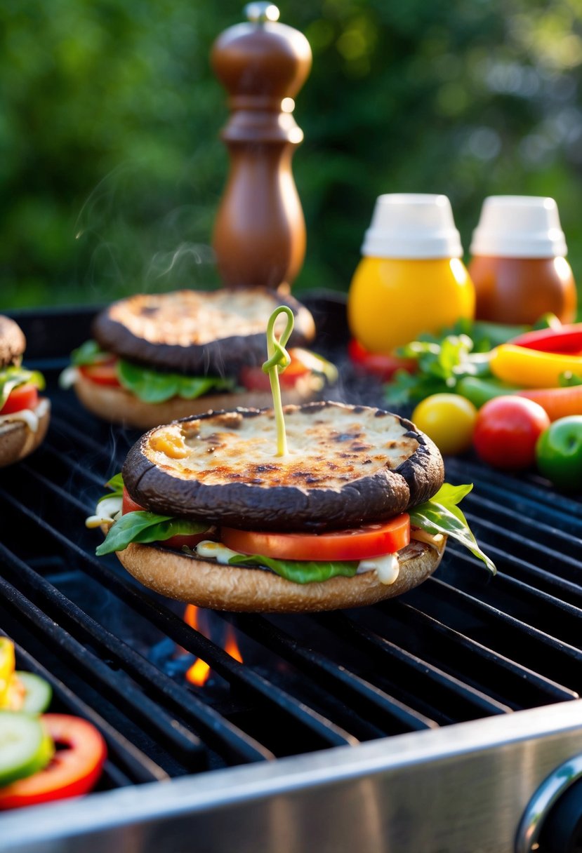 A portabella mushroom sandwich sizzling on a hot grill, with colorful veggies and condiments arranged nearby