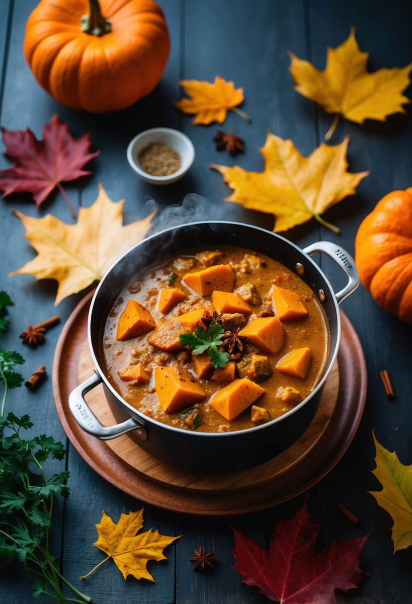 A steaming pot of pumpkin curry surrounded by autumn leaves and seasonal spices