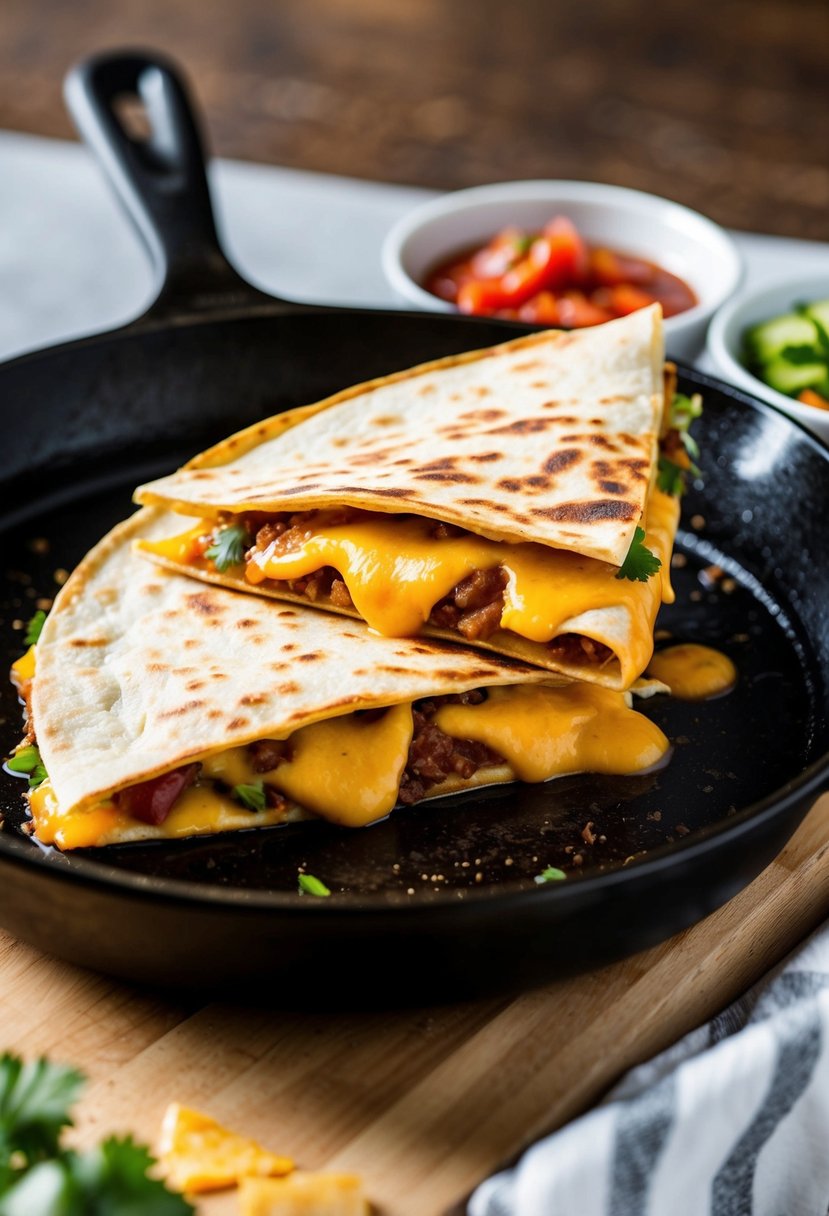 A sizzling quesadilla cooking on a skillet, filled with melted government cheese and served with a side of salsa and sour cream