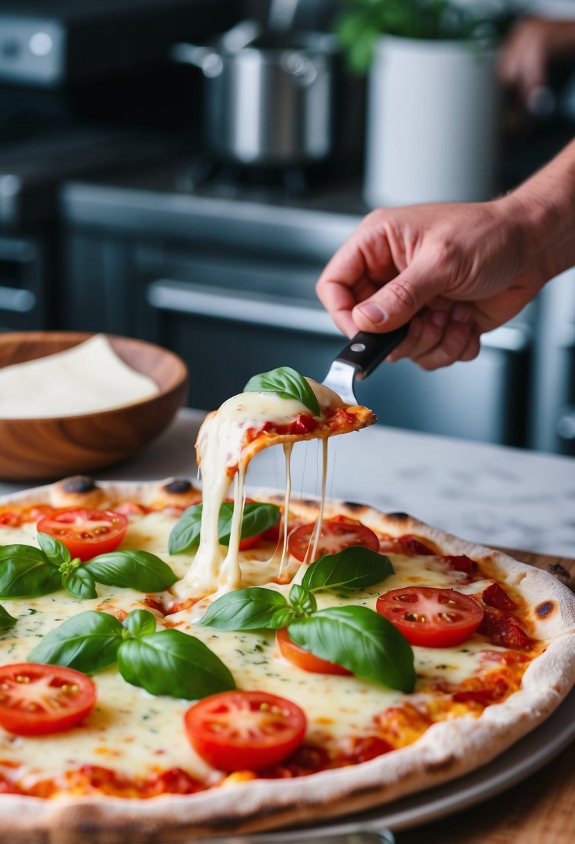 A pizza being topped with government cheese, tomatoes, and basil