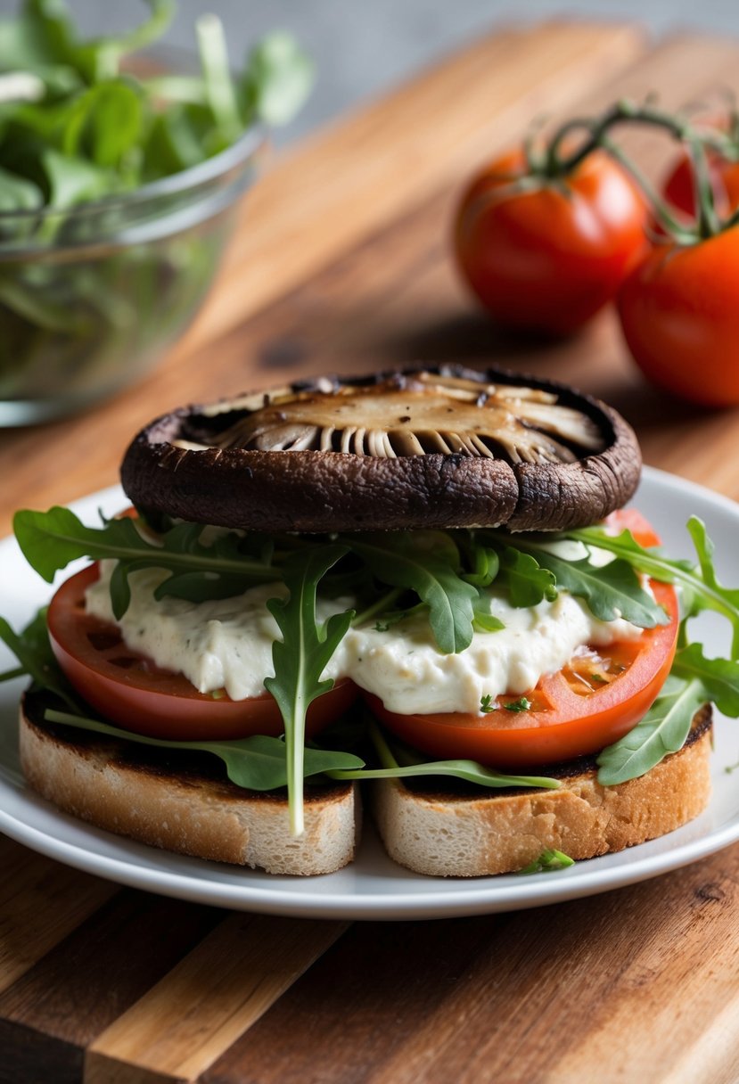 A sizzling portabella mushroom sandwich topped with creamy goat cheese, fresh arugula, and juicy tomatoes, nestled between two slices of perfectly grilled bread