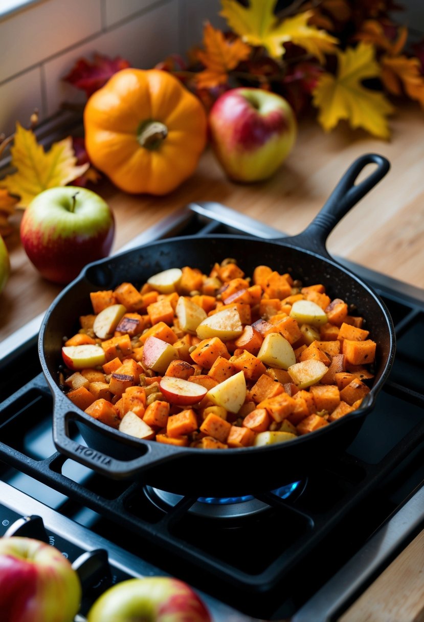 A cast iron skillet filled with sweet potato hash and apples sizzling on a stove, surrounded by autumn foliage and a cozy kitchen setting