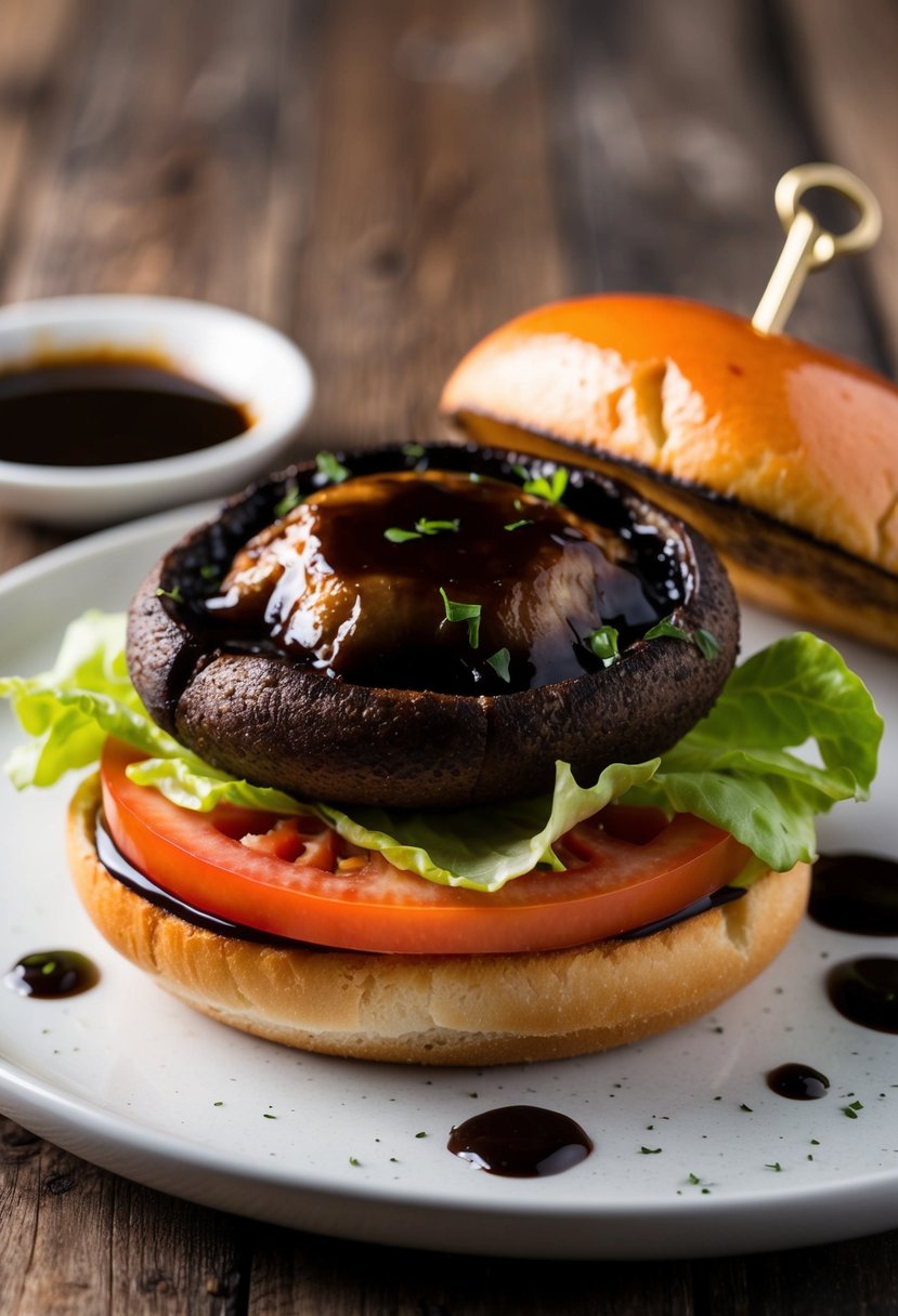 A sizzling portabella mushroom sandwich with balsamic glaze, topped with fresh lettuce and juicy tomato slices, served on a toasted bun