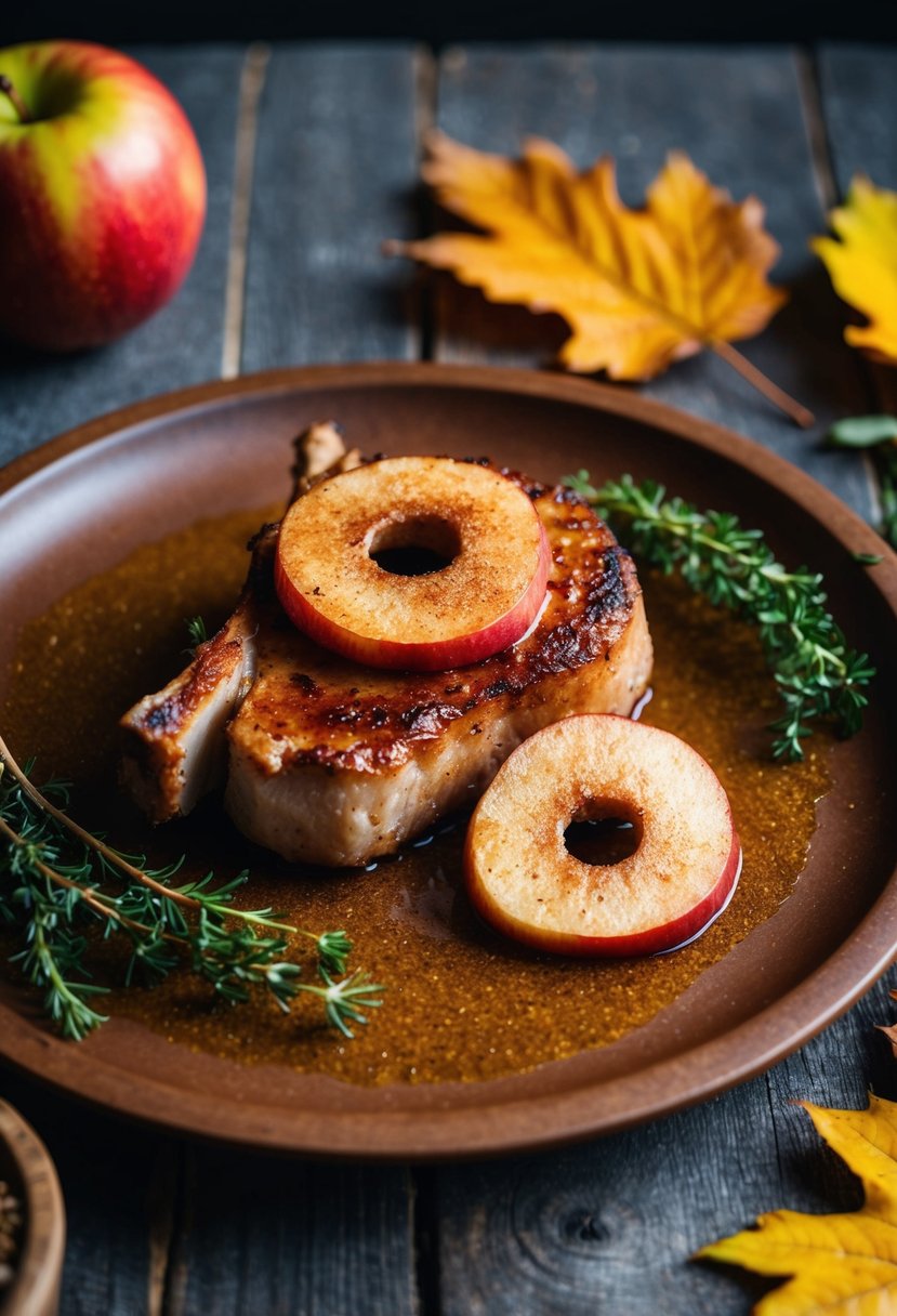 A sizzling pork chop topped with cinnamon-spiced apple slices on a rustic wooden plate, surrounded by autumn leaves and seasonal herbs