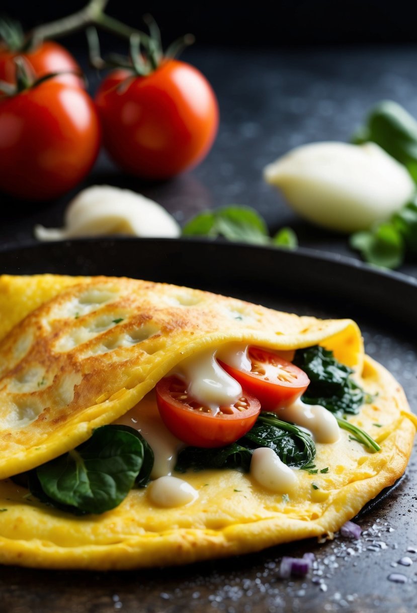 A sizzling omelette filled with gooey government cheese, surrounded by a pile of fresh ingredients like tomatoes, spinach, and onions