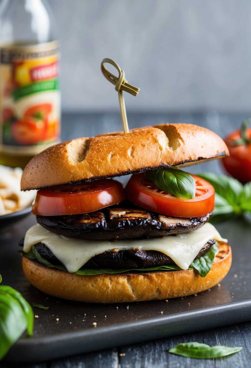 A grilled portabella mushroom sandwich with layers of ripe tomatoes, fresh basil, and melted mozzarella cheese on a toasted ciabatta bun