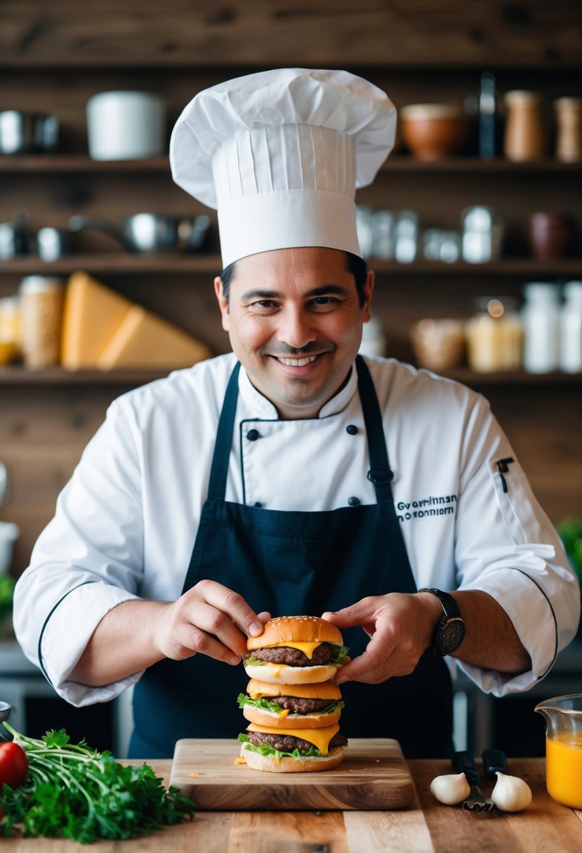 A chef stuffing burgers with government cheese, surrounded by ingredients and cooking utensils