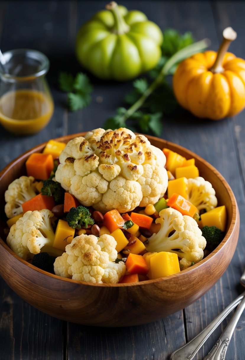 A wooden bowl filled with roasted cauliflower, mixed with colorful autumn vegetables and drizzled with a vinaigrette