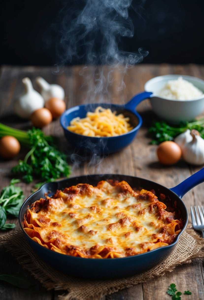 A steaming pan of golden-brown lasagna, made with government cheese, sits on a rustic wooden table surrounded by fresh ingredients