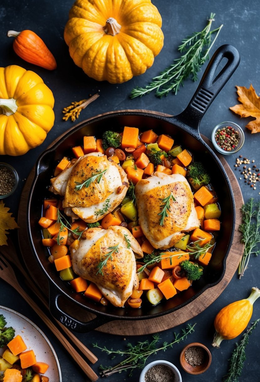 A rustic skillet filled with colorful autumn vegetables and juicy chicken, surrounded by seasonal herbs and spices