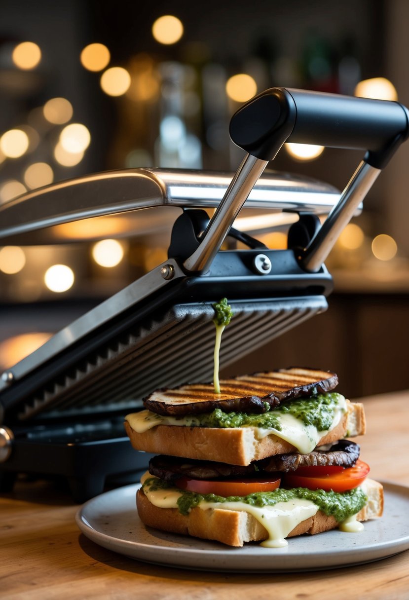 A sizzling panini press grills a portabella mushroom sandwich with pesto, tomatoes, and melted cheese