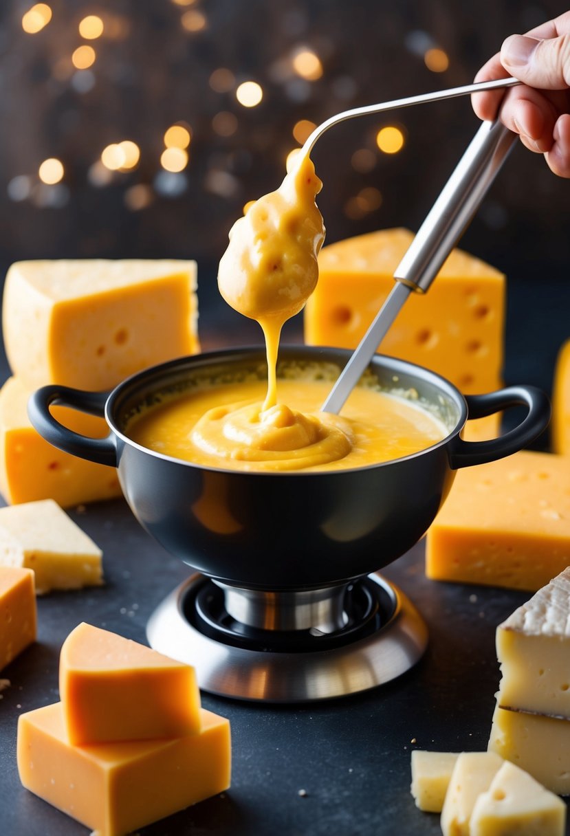 A bubbling pot of cheese fondue surrounded by various types of cheese and government cheese blocks