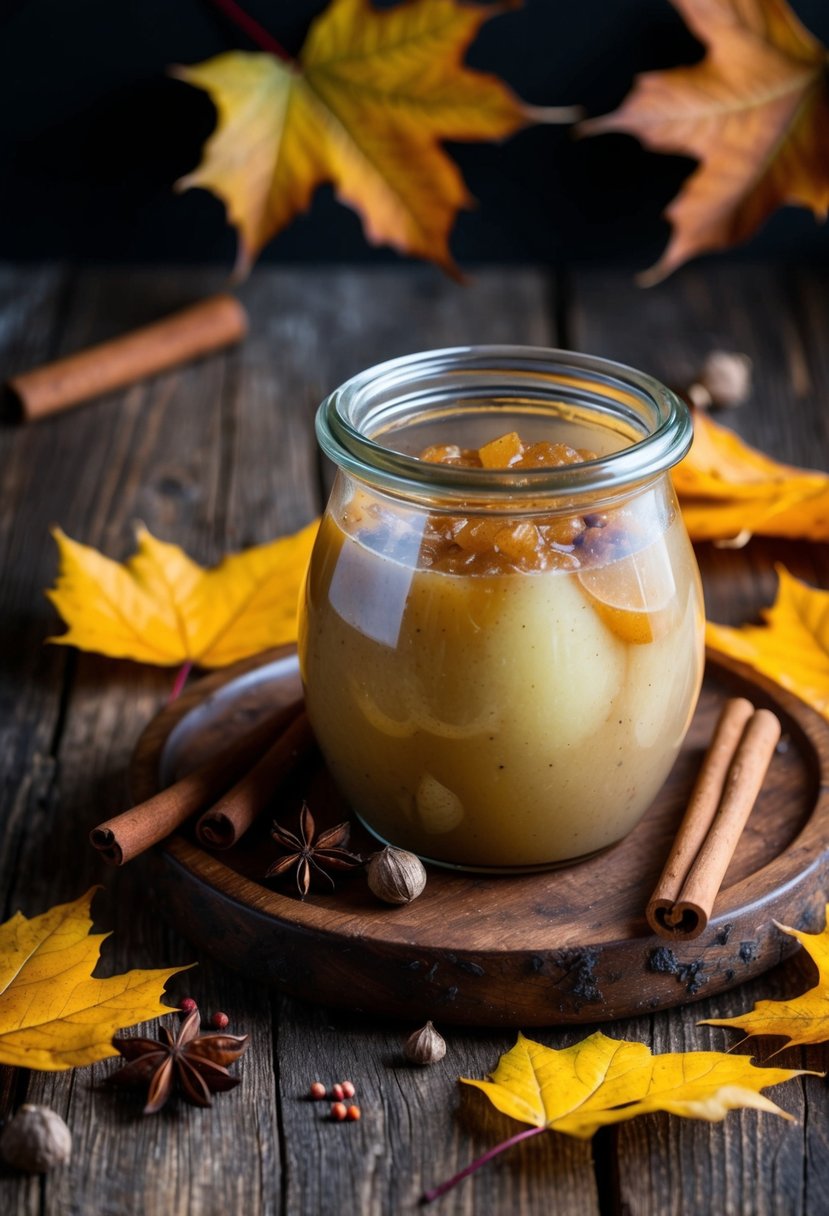 A rustic wooden table with a jar of spiced pear chutney, surrounded by autumn leaves, cinnamon sticks, and whole spices