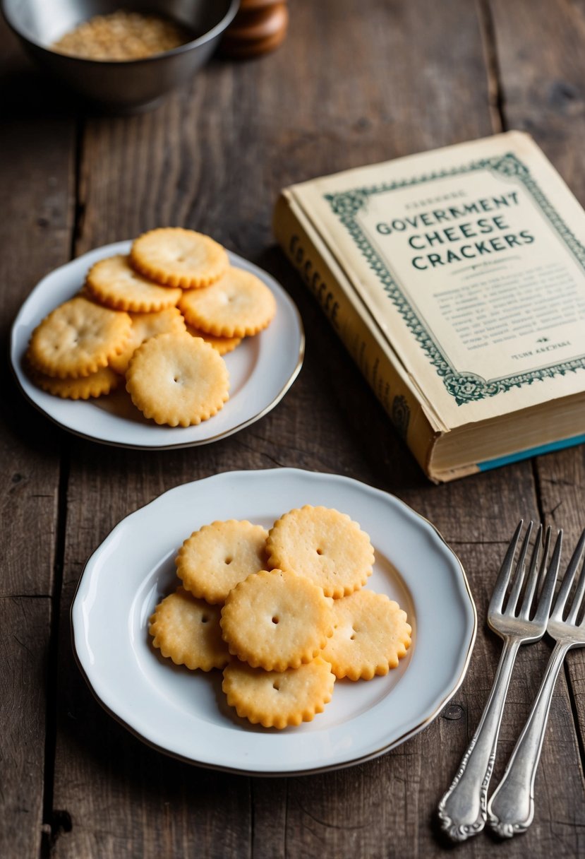 A rustic kitchen table with a plate of homemade government cheese crackers next to a vintage recipe book