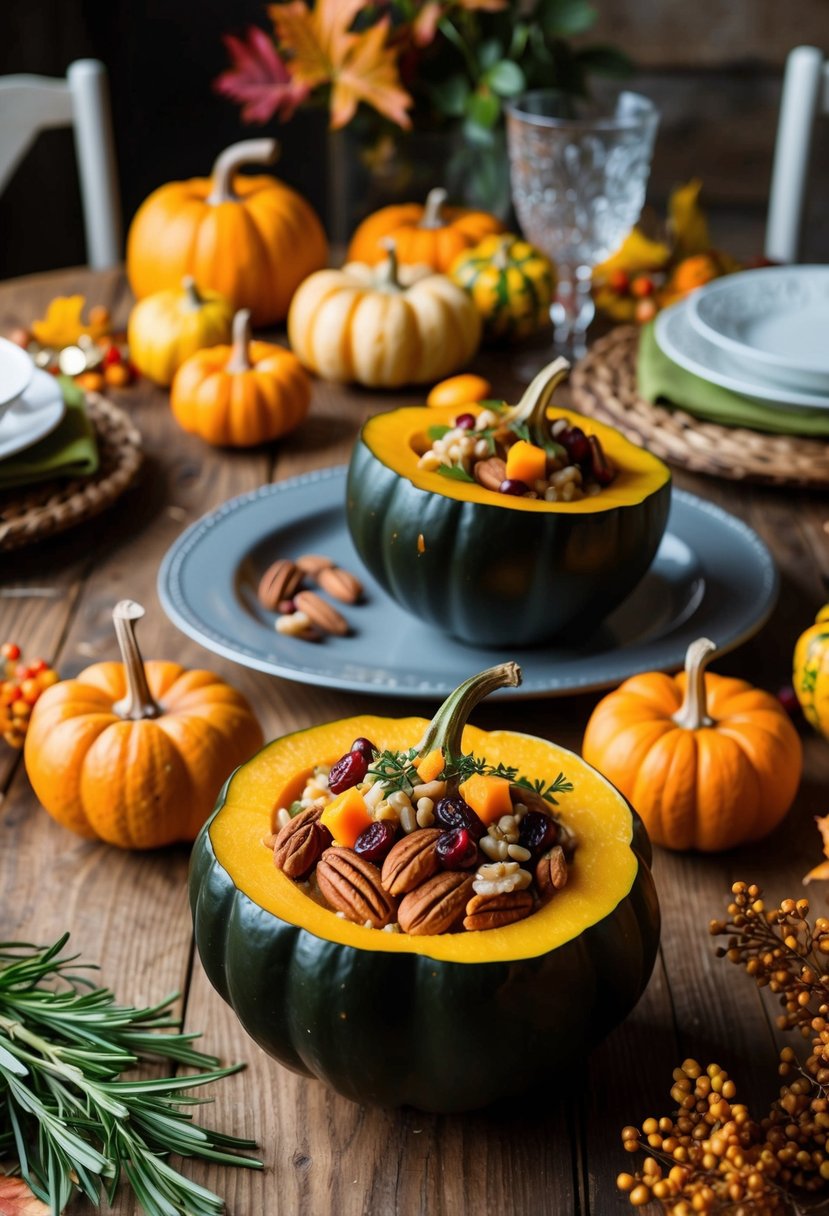 A rustic wooden table set with a whole acorn squash stuffed with autumn ingredients like nuts, cranberries, and herbs, surrounded by fall foliage and seasonal decor