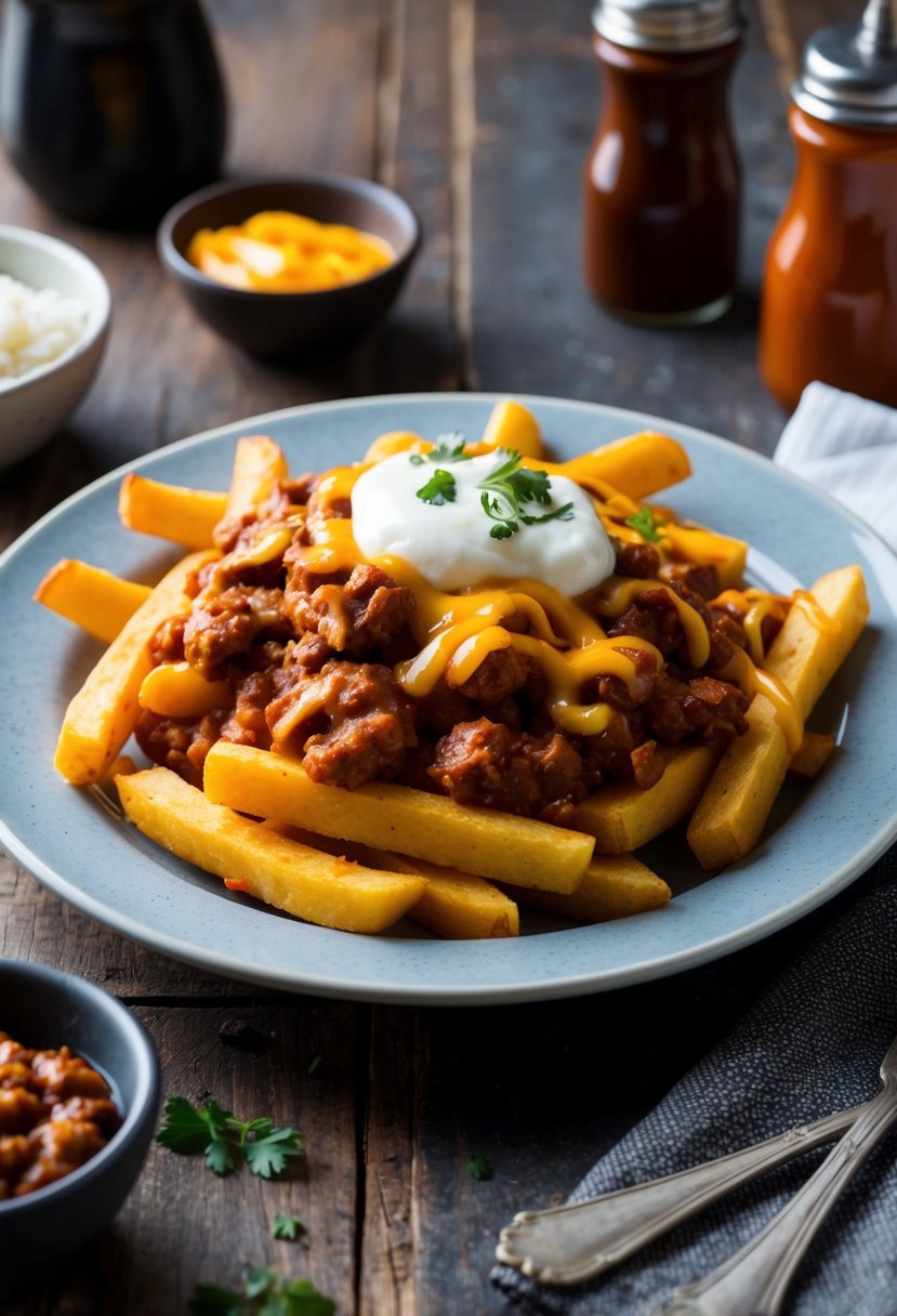 A plate of chili cheese fries topped with government cheese, surrounded by a rustic table setting with condiments and a napkin