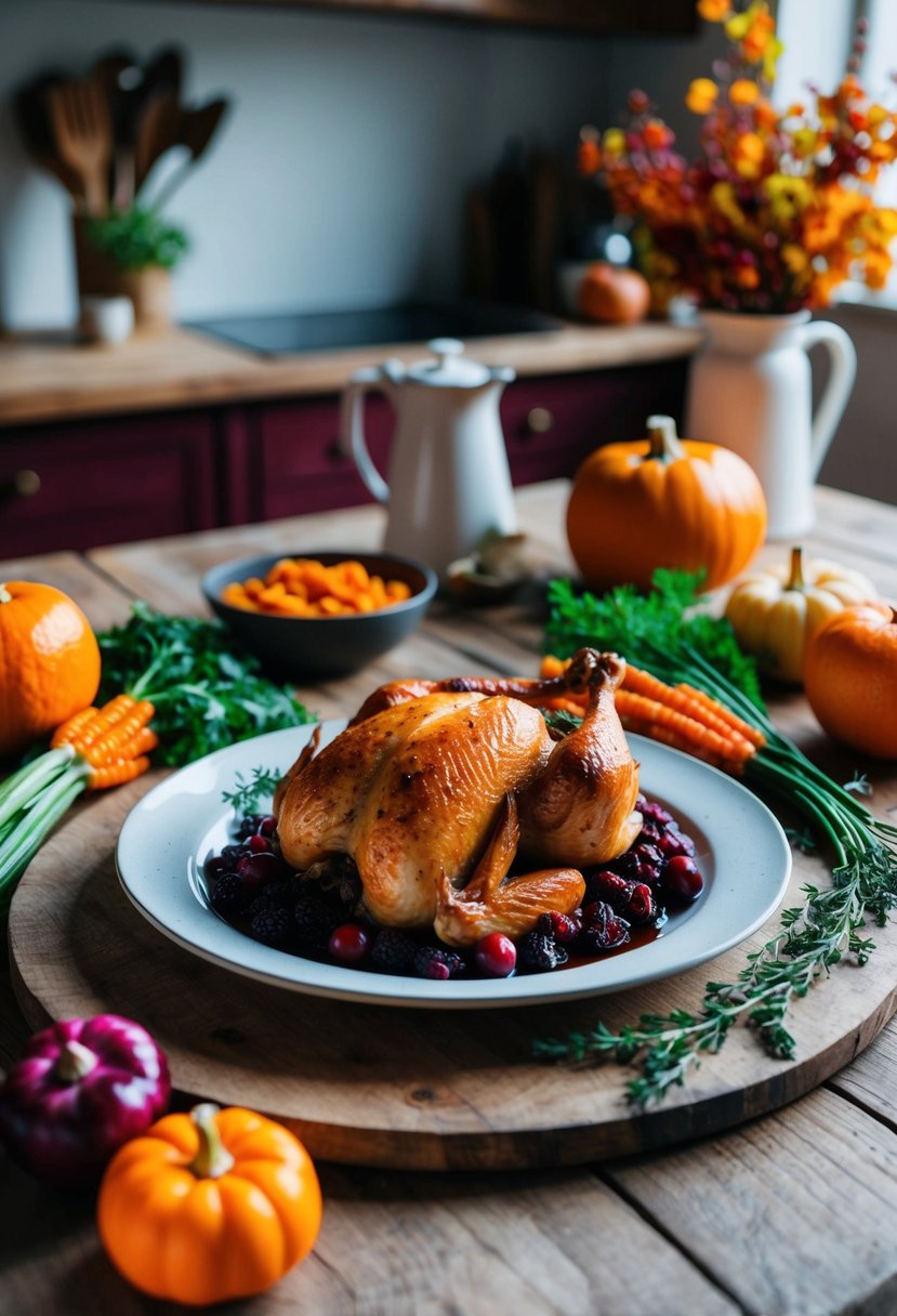 A rustic kitchen table with a platter of cranberry orange chicken surrounded by autumn-colored vegetables and herbs