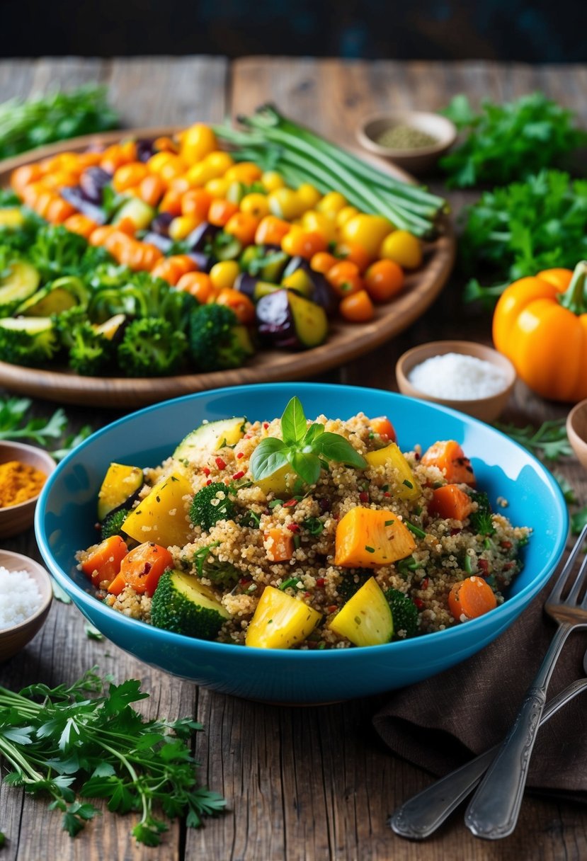 A colorful array of roasted vegetables and quinoa salad on a rustic wooden table, surrounded by fresh herbs and spices