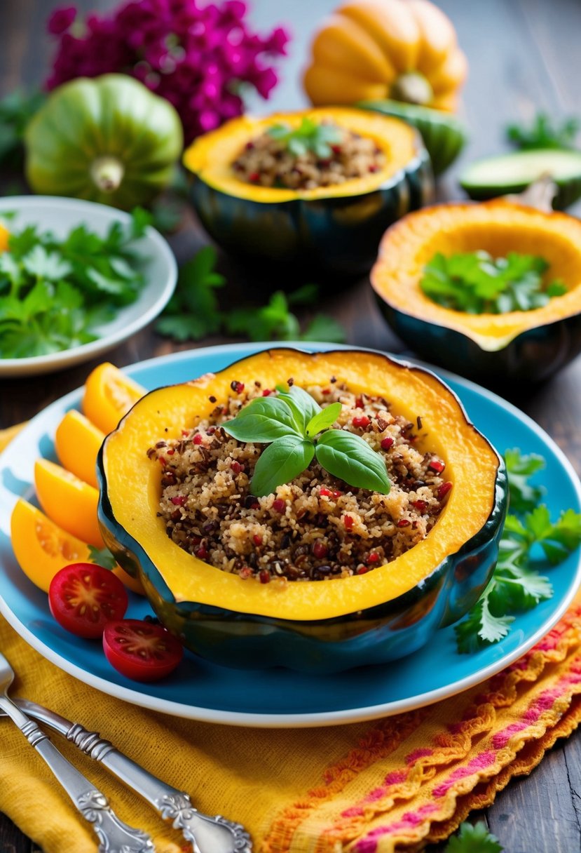 A colorful plate with quinoa-stuffed acorn squash, surrounded by vibrant, fresh ingredients