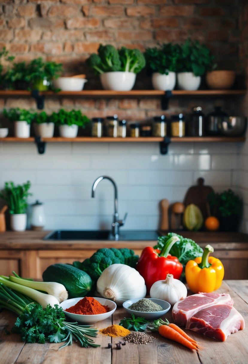 A rustic kitchen counter with fresh vegetables, raw meat, and a variety of herbs and spices laid out for preparing easy carnivore diet recipes