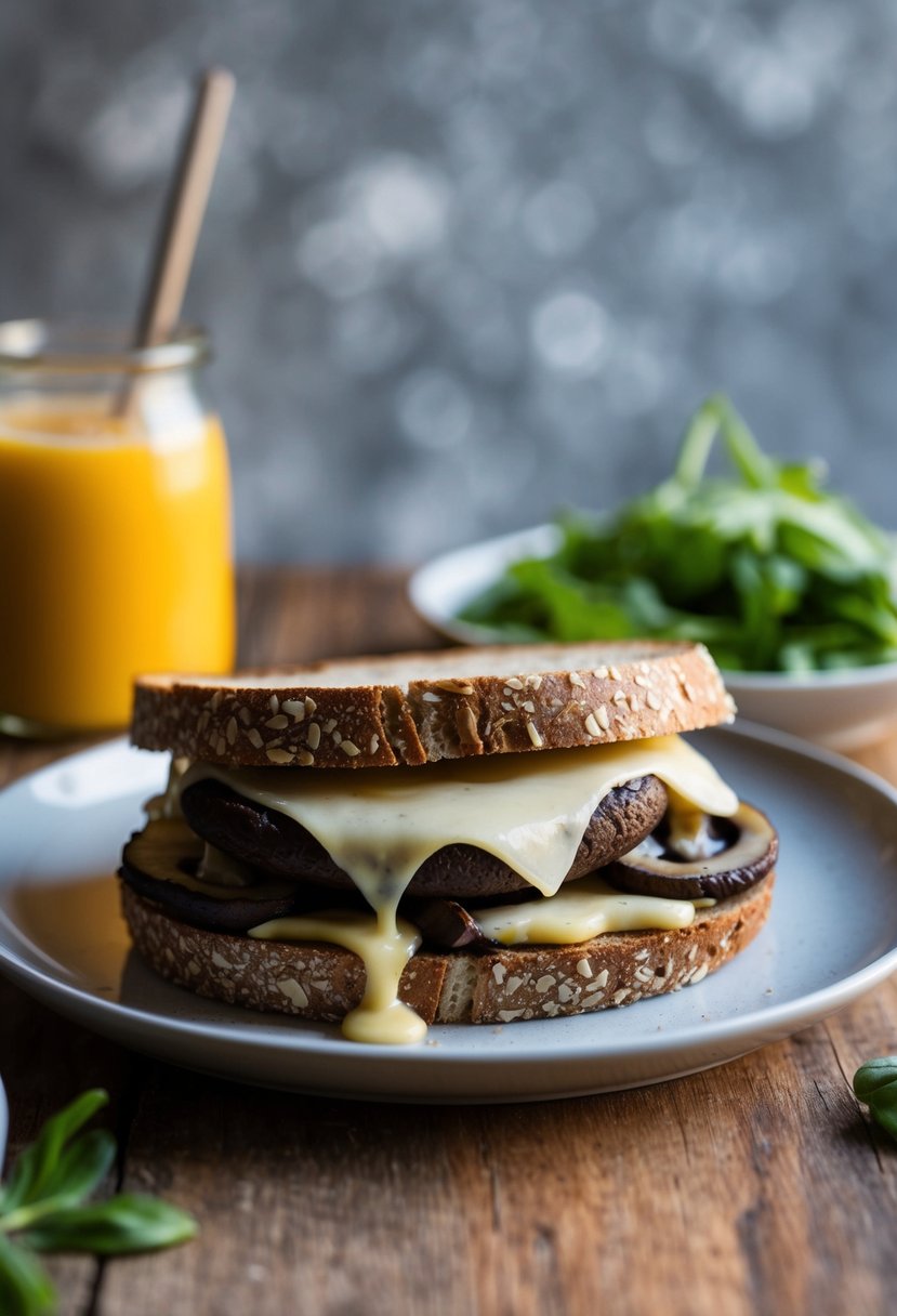 A portabella mushroom sandwich on rye bread with melted Swiss cheese