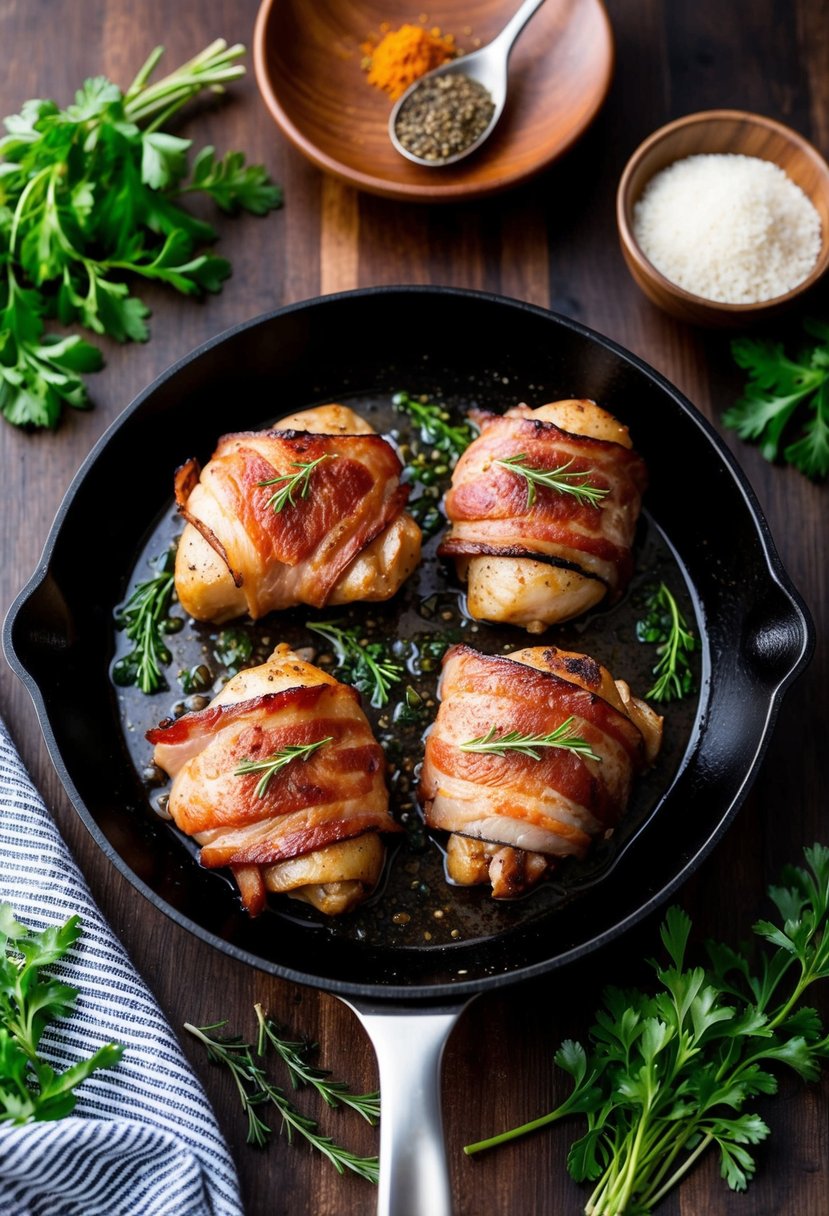 A sizzling skillet holds bacon-wrapped chicken thighs, surrounded by fresh herbs and spices