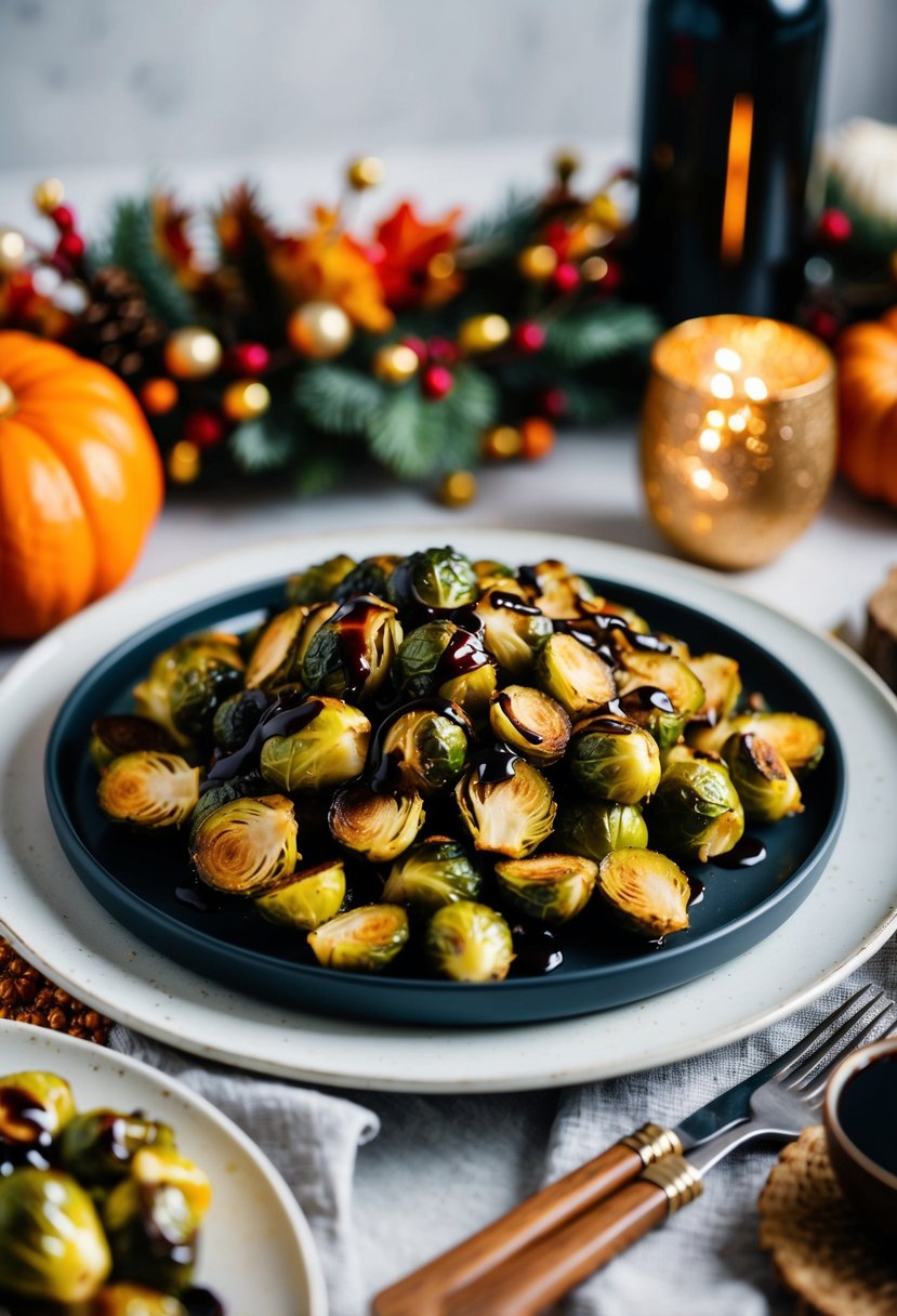 A platter of roasted Brussels sprouts drizzled with balsamic glaze, surrounded by festive Thanksgiving decor