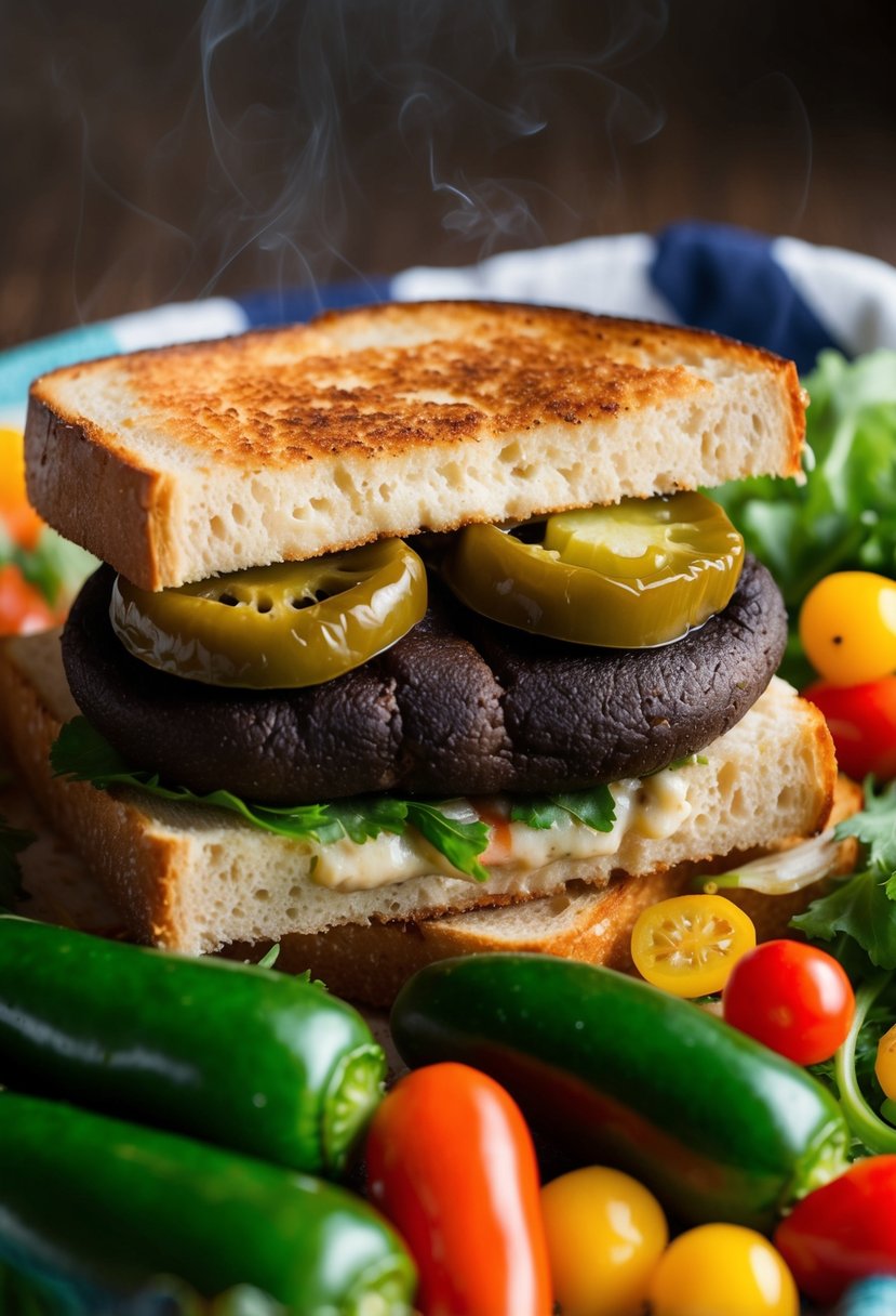 A sizzling portabella mushroom sandwich with jalapeños, nestled between two slices of toasted bread, surrounded by a colorful array of fresh vegetables