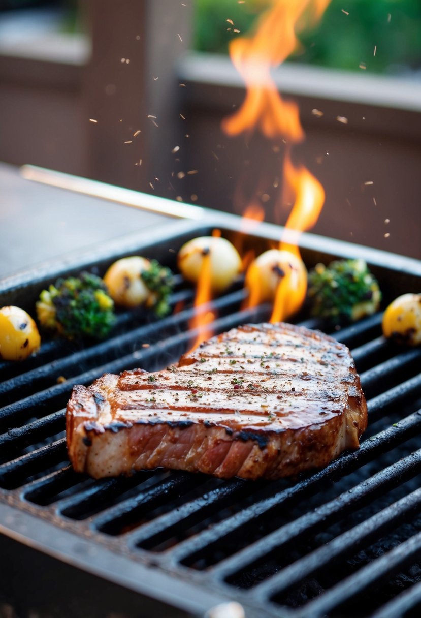 A sizzling ribeye steak on a hot grill, with grill marks and a sprinkle of seasoning, surrounded by a few charred vegetables