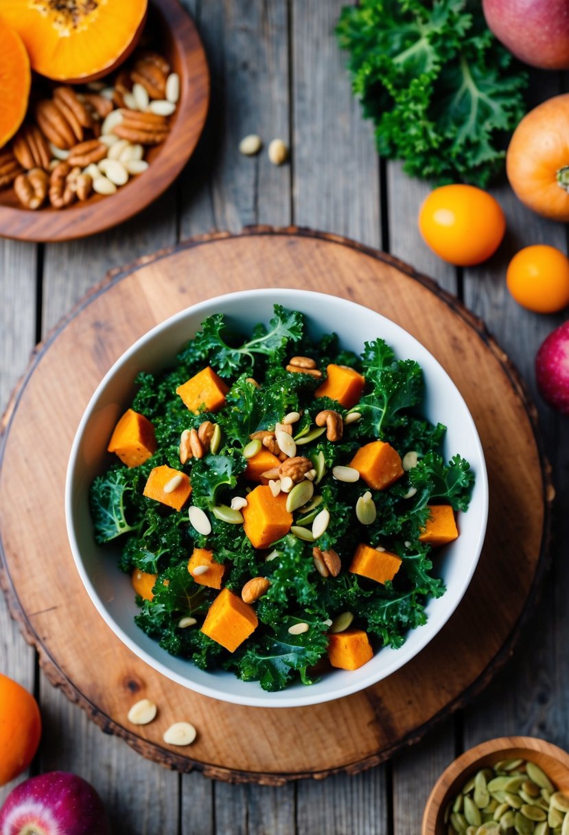 A vibrant kale and sweet potato salad sits on a rustic wooden table, surrounded by colorful seasonal produce and a scattering of nuts and seeds