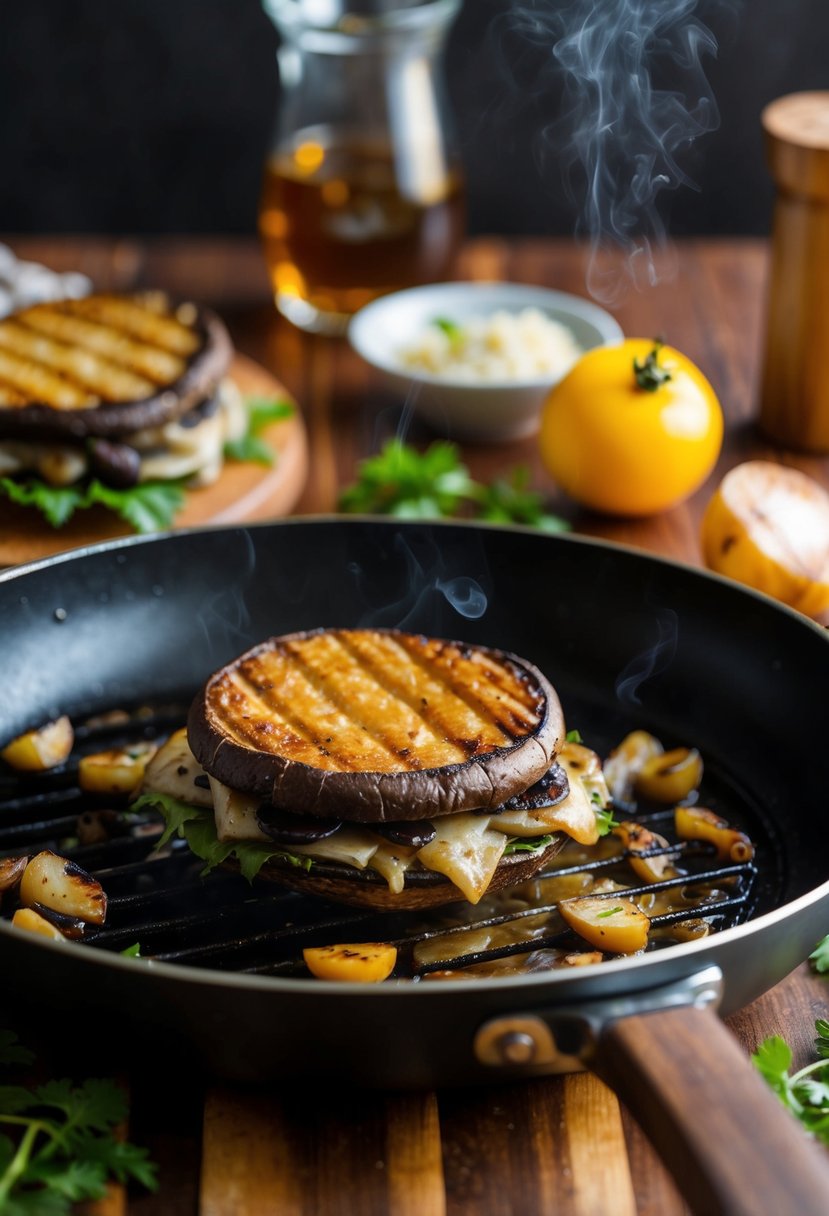 A sizzling portabella mushroom sandwich grilling on a hot pan, surrounded by fresh ingredients and a warm, toasty aroma in the air