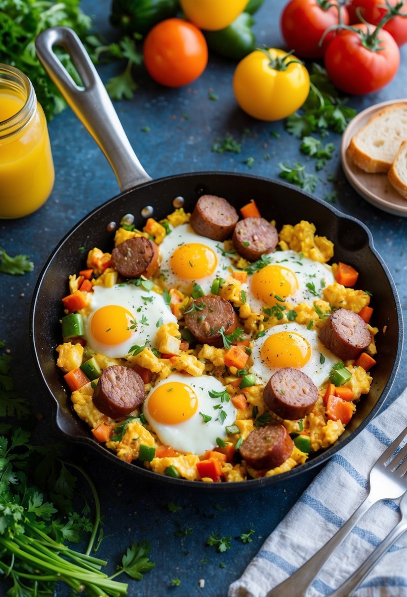 A sizzling skillet holds a hearty breakfast scramble of eggs and sausage, surrounded by colorful vegetables and sprinkled with herbs