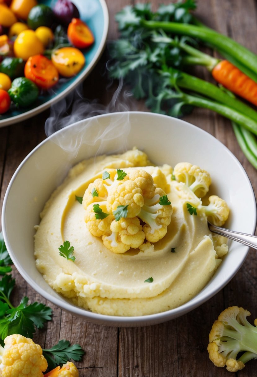 A steaming bowl of creamy cauliflower mash surrounded by colorful roasted vegetables on a rustic wooden table