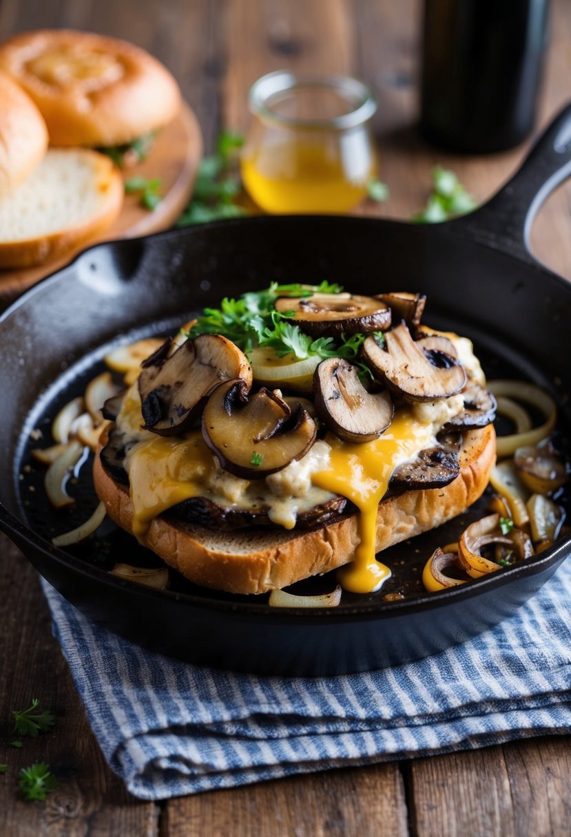 A sizzling skillet holds a hearty portabella mushroom Philly cheesesteak sandwich, topped with melted cheese and grilled onions