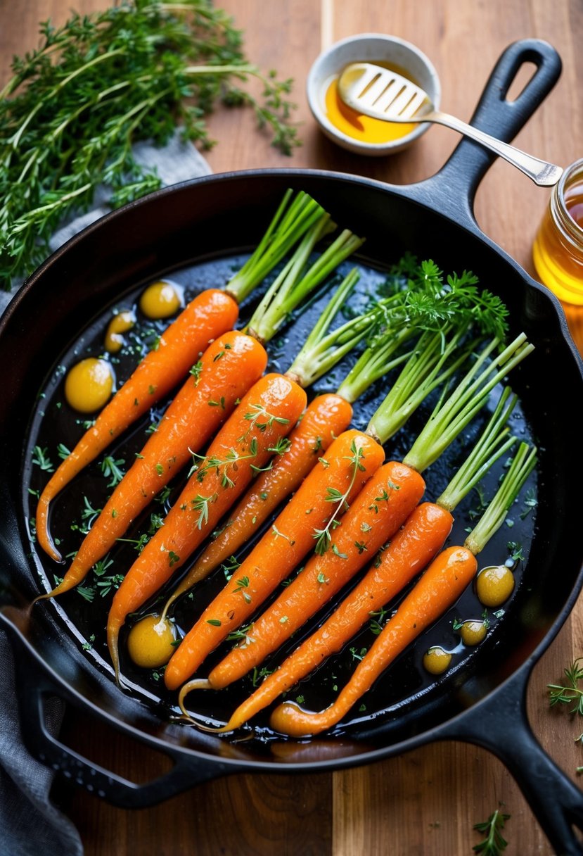 A skillet of glazed carrots glistening with honey, surrounded by sprigs of fresh herbs and a drizzle of golden sauce