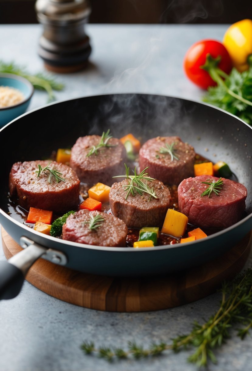 Beef liver sizzling in a hot pan with colorful vegetables and aromatic herbs