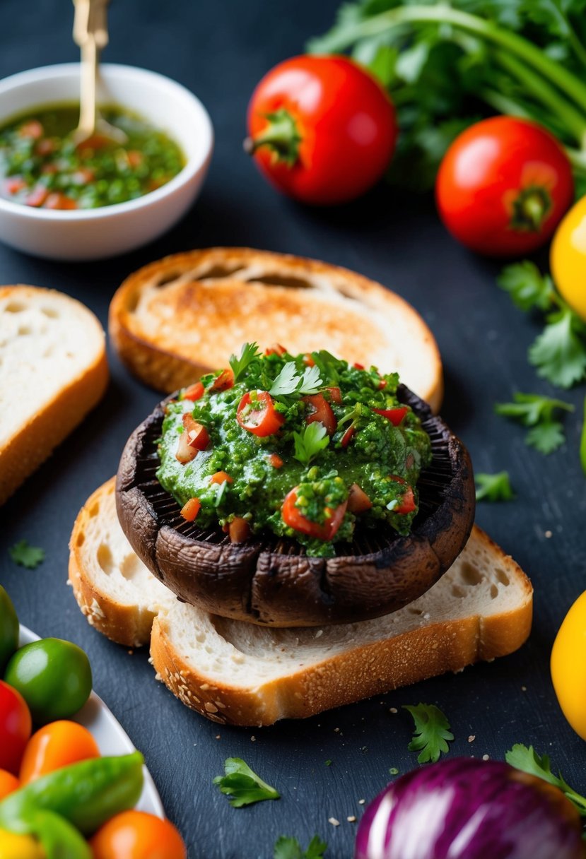 A grilled portabella mushroom topped with chimichurri sauce, nestled between two slices of toasted bread, surrounded by a colorful array of fresh vegetables