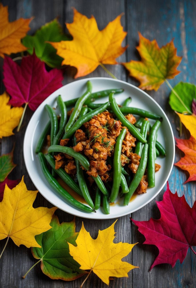 A platter of green bean almondine surrounded by colorful autumn leaves