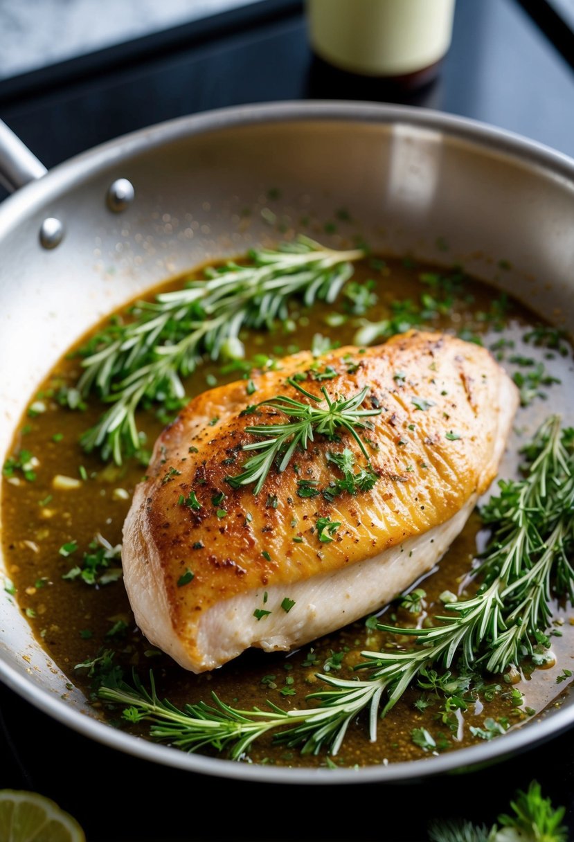 A sizzling duck breast in a hot skillet, surrounded by fresh herbs and seasonings