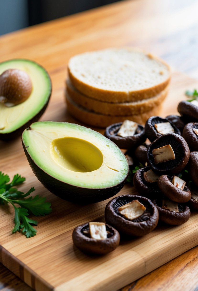 A ripe avocado sliced on a wooden cutting board next to a pile of freshly grilled portabella mushrooms and a stack of whole grain sandwich buns