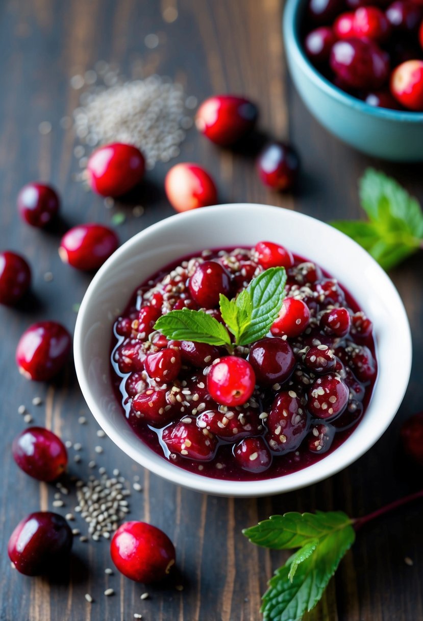 A bowl of cranberry chia seed relish surrounded by fresh cranberries and chia seeds, with a sprig of mint for garnish