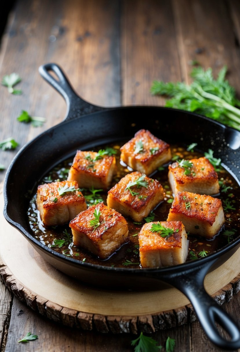 A sizzling skillet of crispy pork belly bites, garnished with fresh herbs, sits on a rustic wooden table