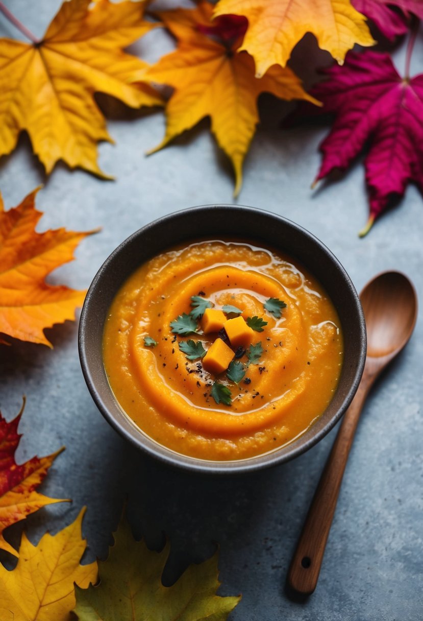 A steaming bowl of butternut squash soup surrounded by colorful autumn leaves and a rustic wooden spoon