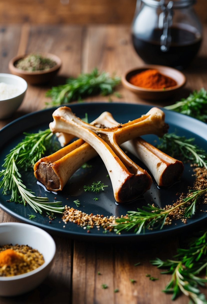 A platter of roasted bone marrow surrounded by herbs and spices