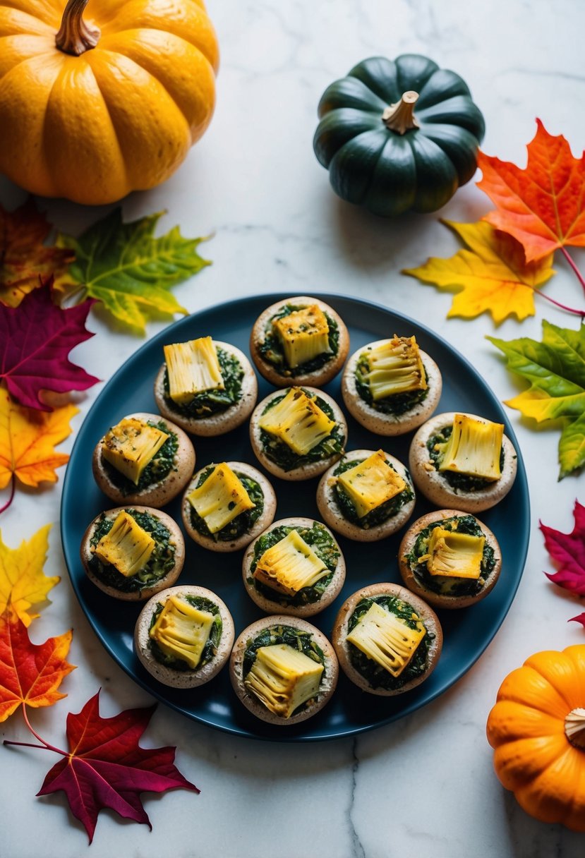 A platter of spinach and artichoke stuffed mushrooms surrounded by colorful fall leaves and decorative gourds