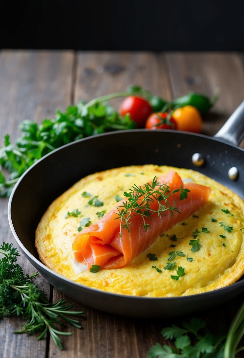 A sizzling skillet with a fluffy omelette filled with smoked salmon, surrounded by fresh herbs and colorful vegetables