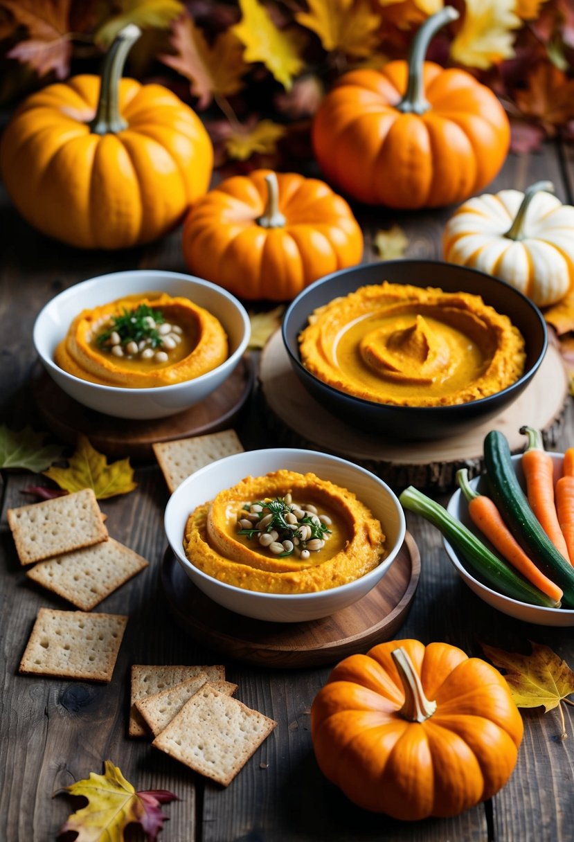 A rustic wooden table spread with bowls of pumpkin hummus, fresh vegetables, and whole grain crackers, set against a backdrop of autumn leaves and gourds